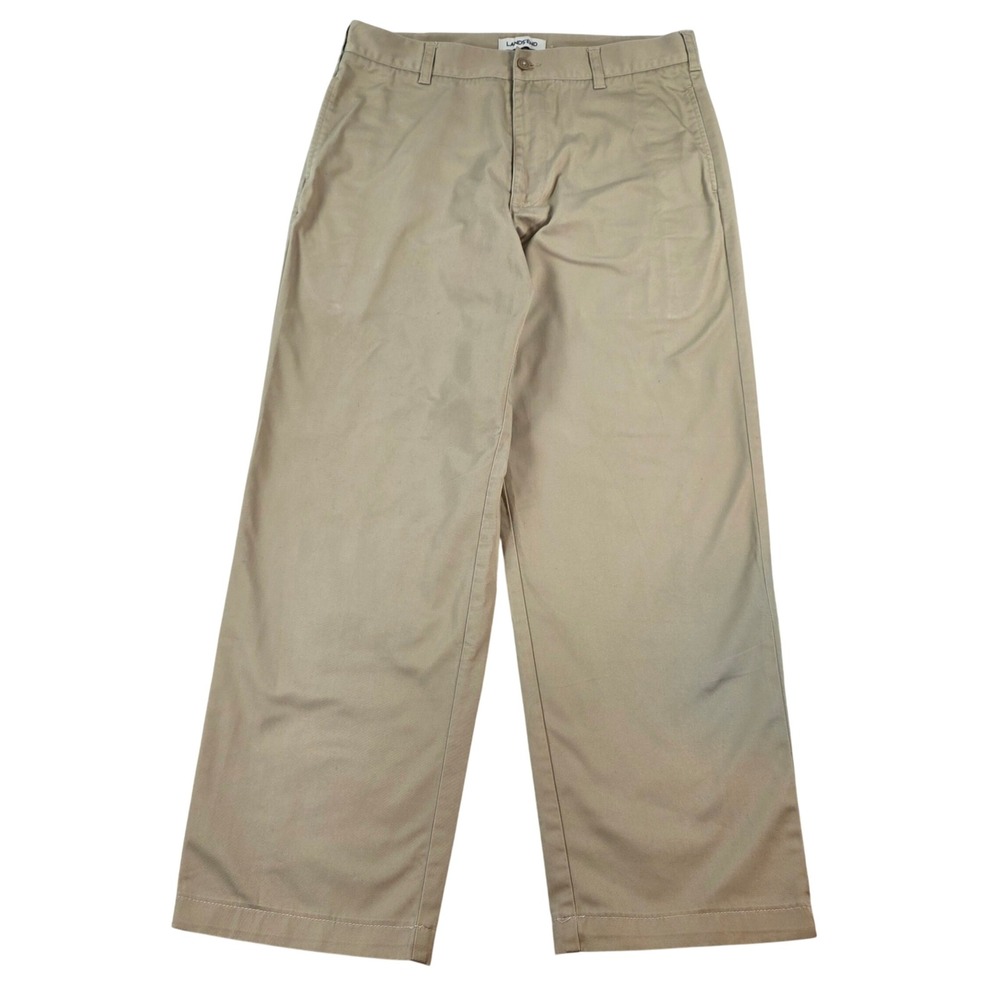 Lands' End Flat Front Chino Pants Khaki 32 Mens Classic Twill Trousers Tan